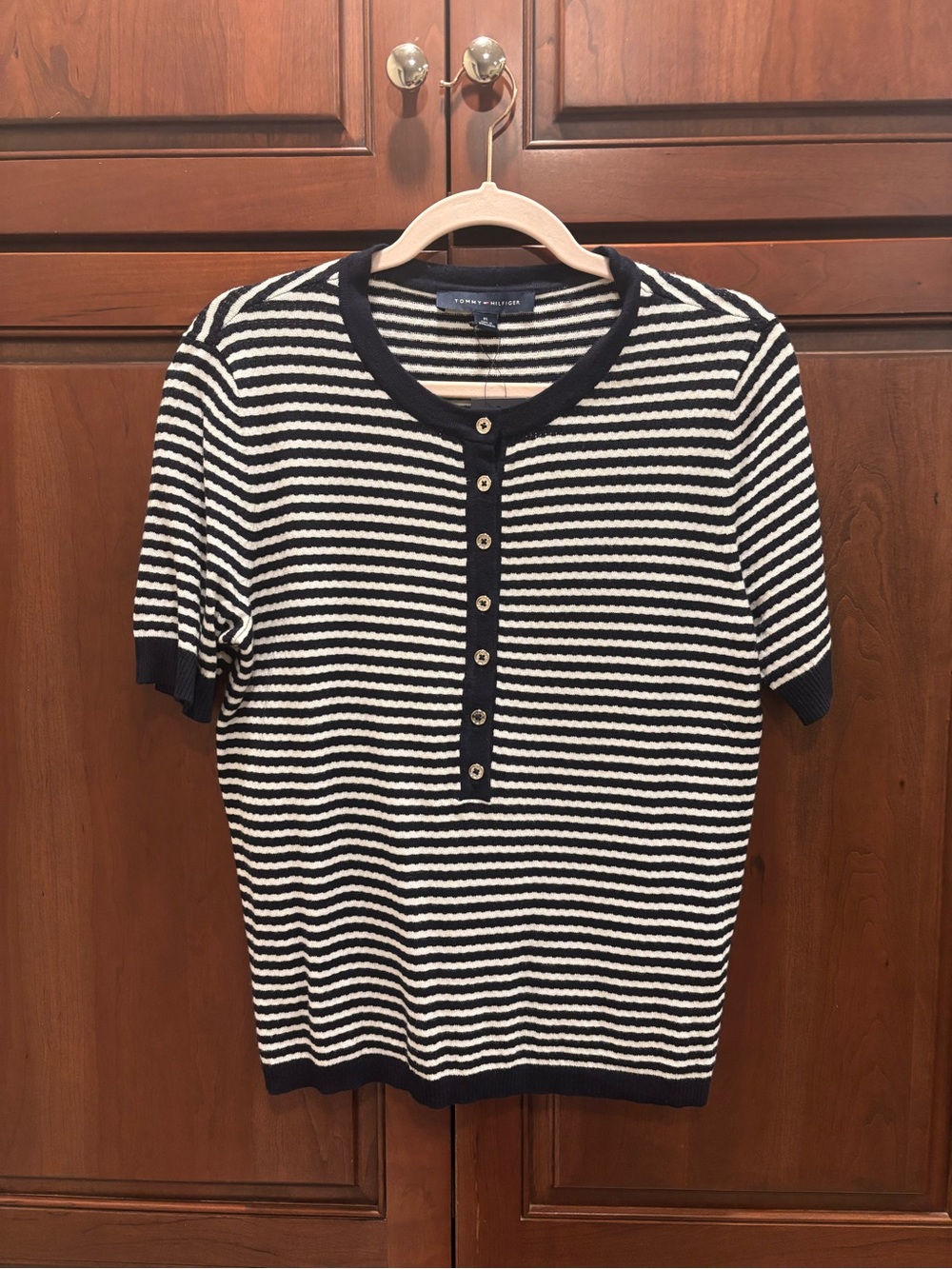 Tommy Hilfiger Navy & White Striped Henley Knit Top